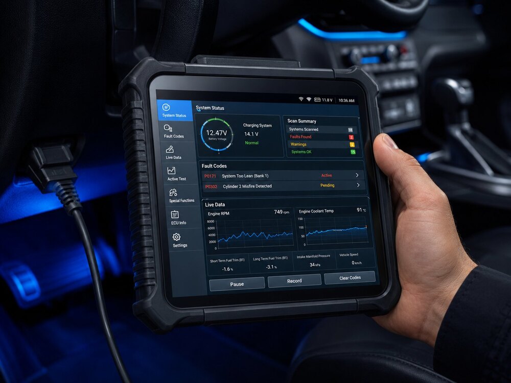 OBD-Diagnosegerät liest Fehlerspeicher eines Fahrzeugs aus