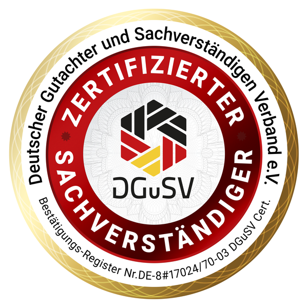 DGuSV-zertifizierter Sachverständiger für Kraftfahrzeugwesen — Reg.-Nr. EU# DE/20649