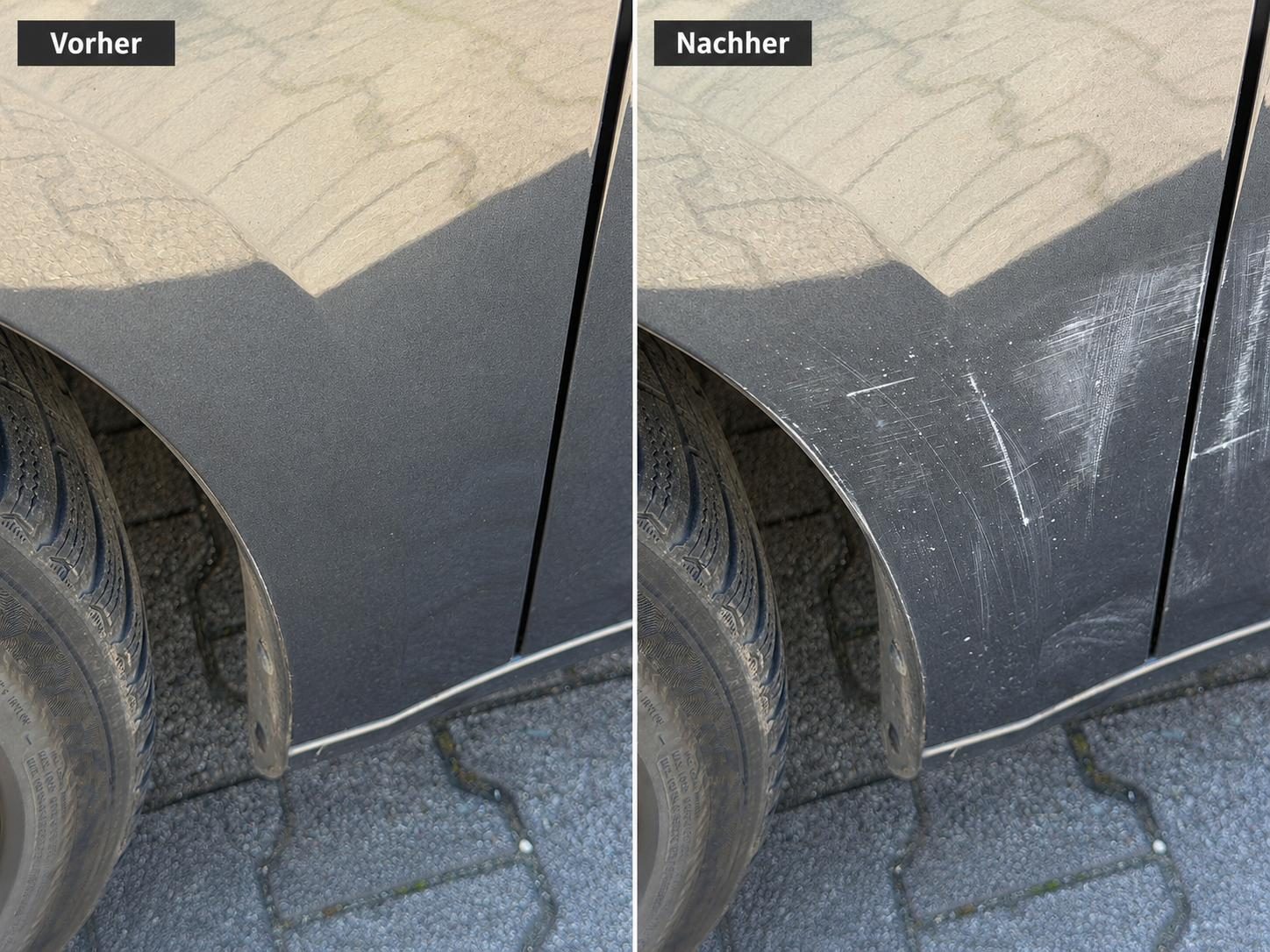 Vorher-Nachher-Vergleich: durch spezielle Technik sichtbar gemachte Schäden am Fahrzeuglack