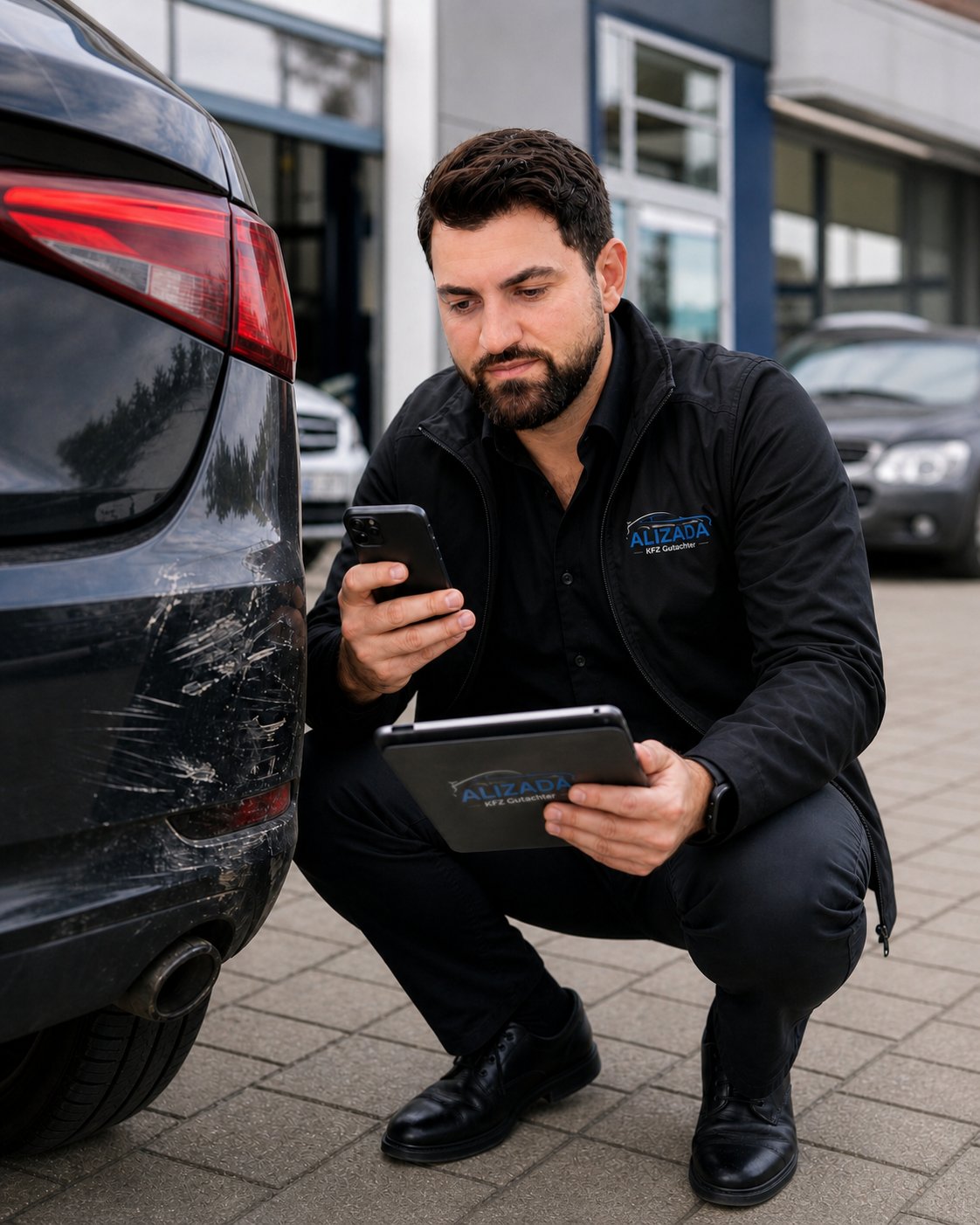 KFZ Sachverständiger Alizada dokumentiert Unfallschaden mit Tablet und Smartphone vor Ort